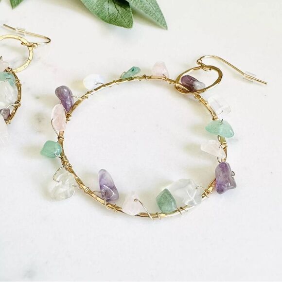 Gold Hoop Earrings with Multicolor Stones - Picture 4 of 6